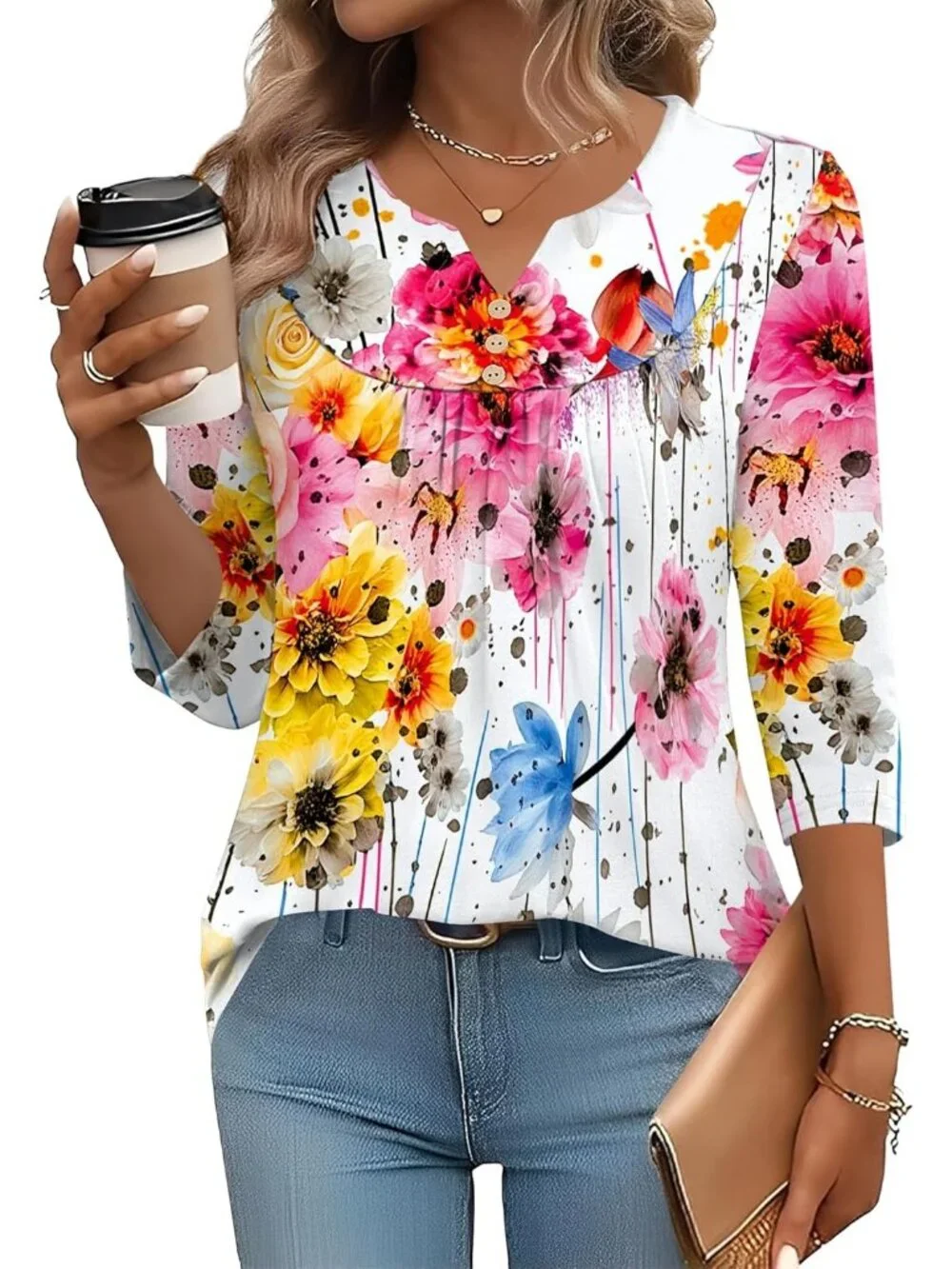Women's White Colorful Long Sleeve V Neck Casual Henley Blouses Tops T Shirt